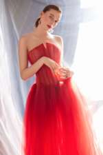 Luxurious Red bridal bustier tulle ballgown with pleats crafted by hand