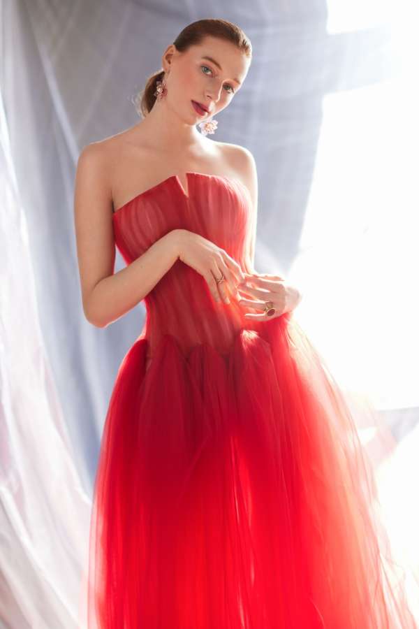 Luxurious Red bridal bustier tulle ballgown with pleats crafted by hand